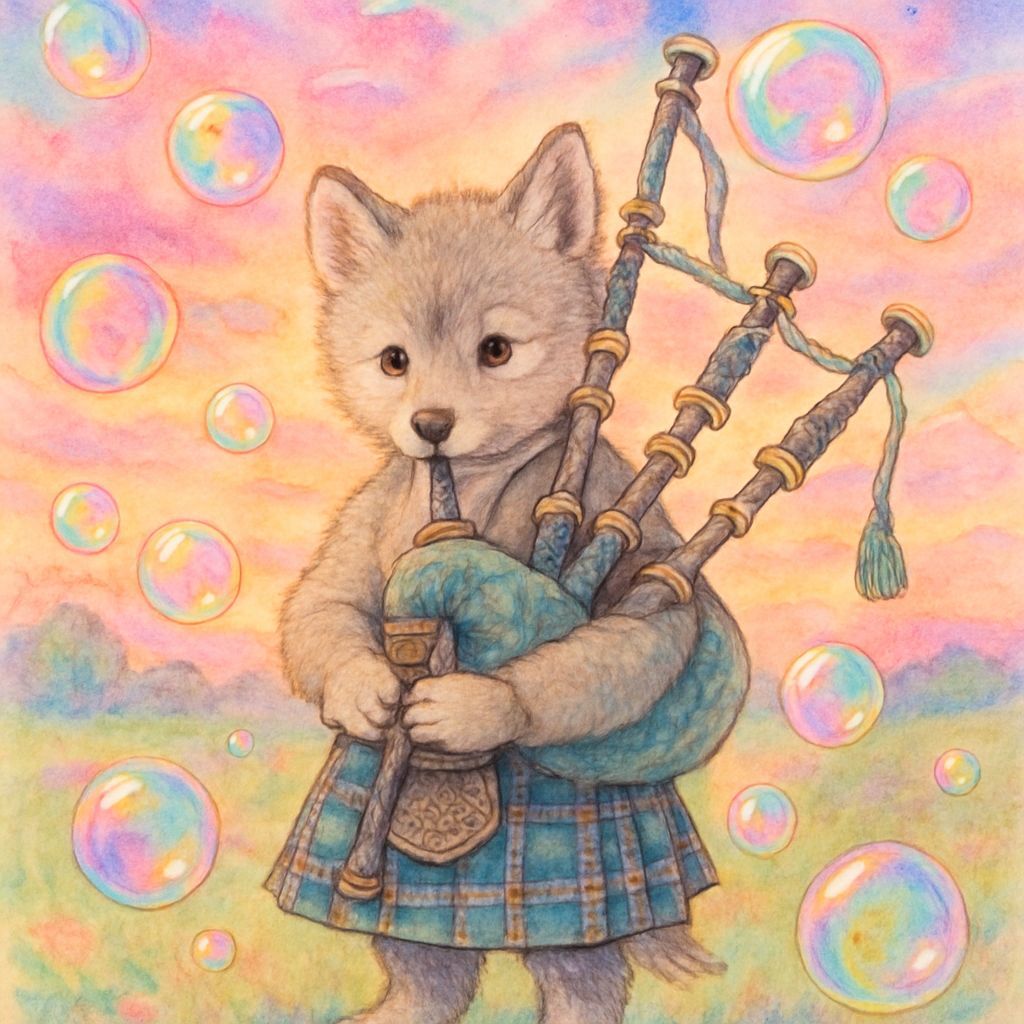 Wolf Cub Bagpiper in Bubble Field, Watercolor Art