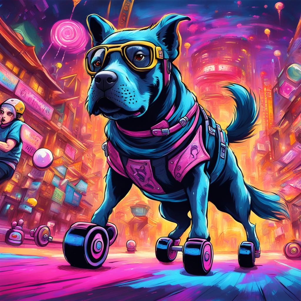 Dog Plays Roller Derby in Cyberpunk Japan