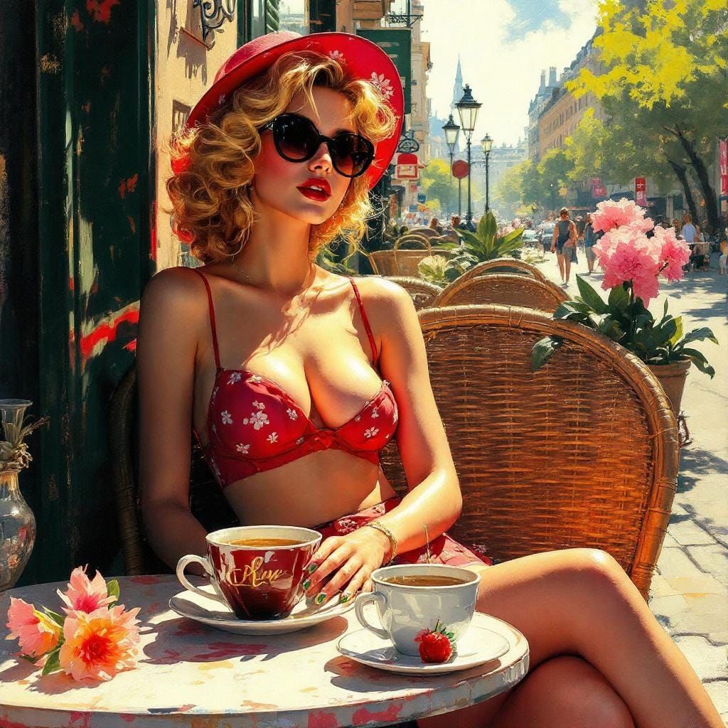 Parisian Cafe Scene with Impasto and Neon Pop