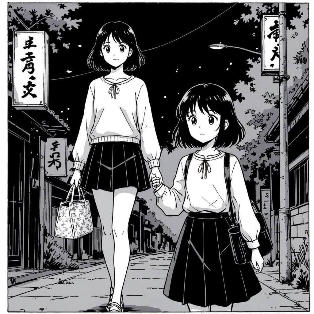 Teenage Girl With Short Hair Walking With Mother in Black an...