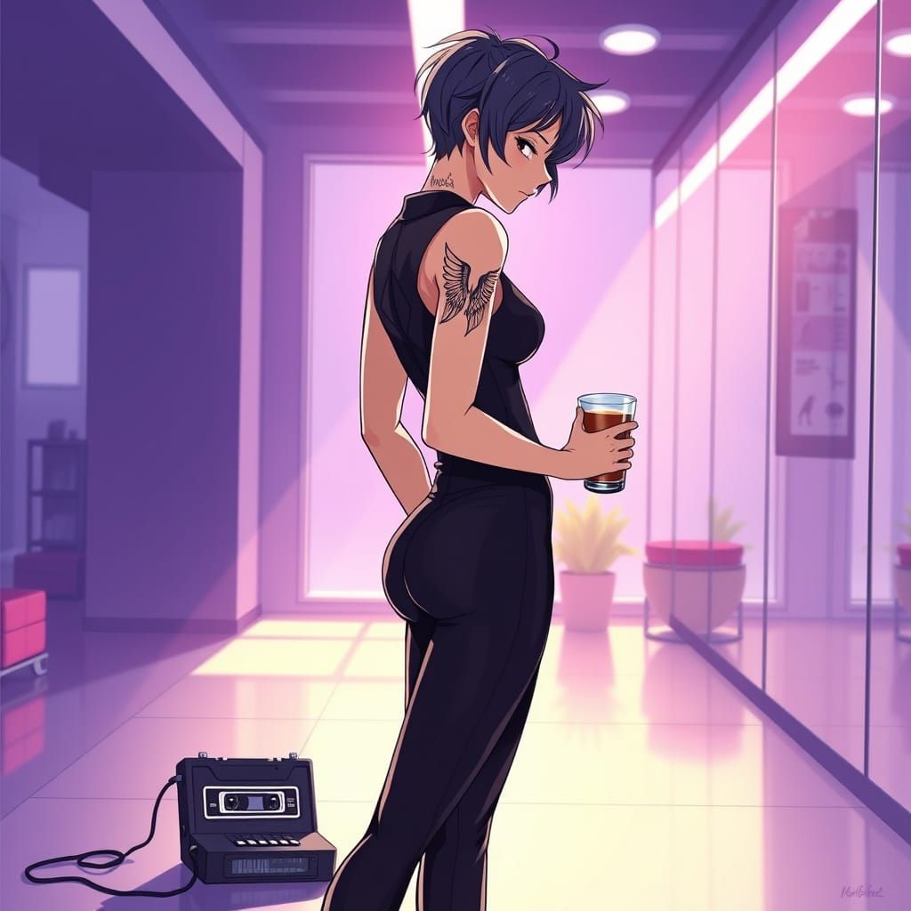 Elegant Emo Woman with Wings Tattoo in Modern Gym