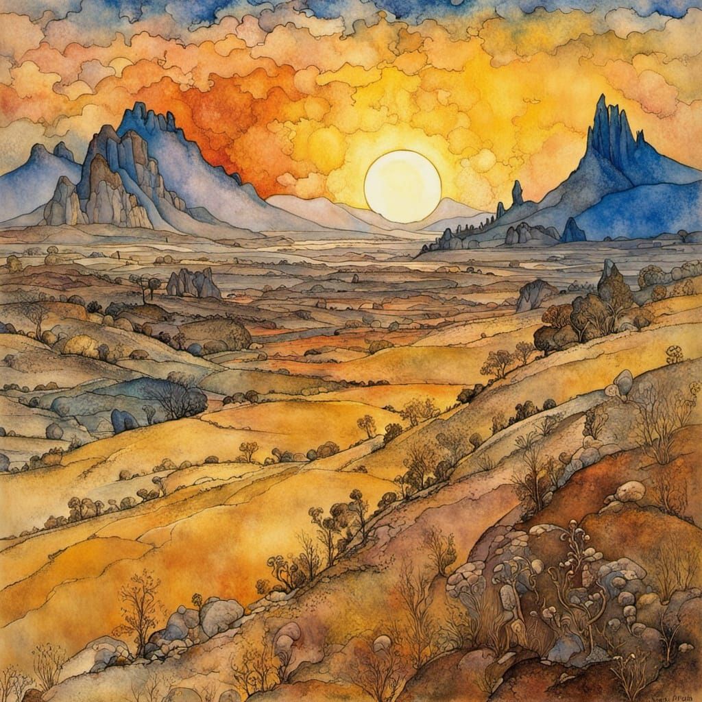 Barren Dawn Landscape with Intricate Alcohol Ink Details