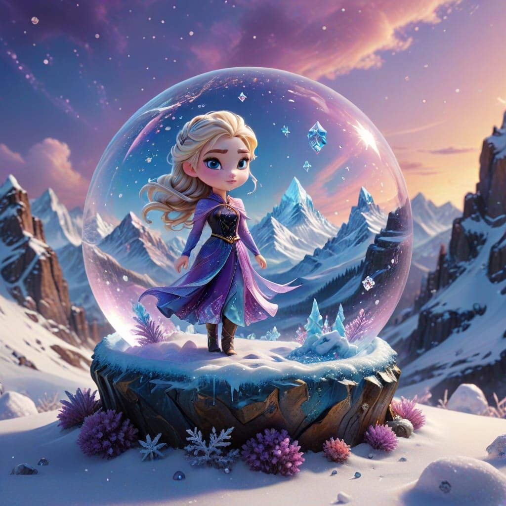 Chibi Elsa on Snowy Mountain in Oil Painting Style