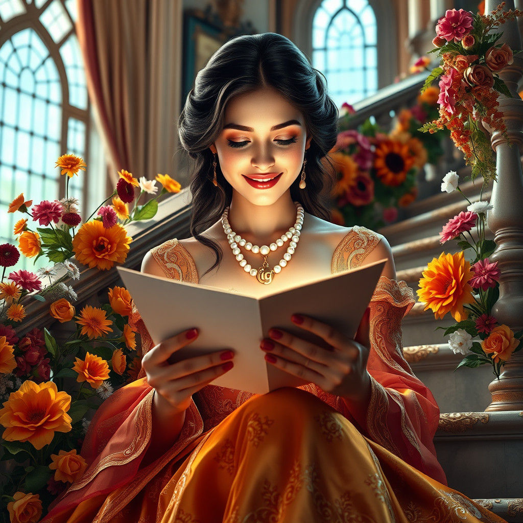 Italian Woman Reading Letter in Luxurious Villa