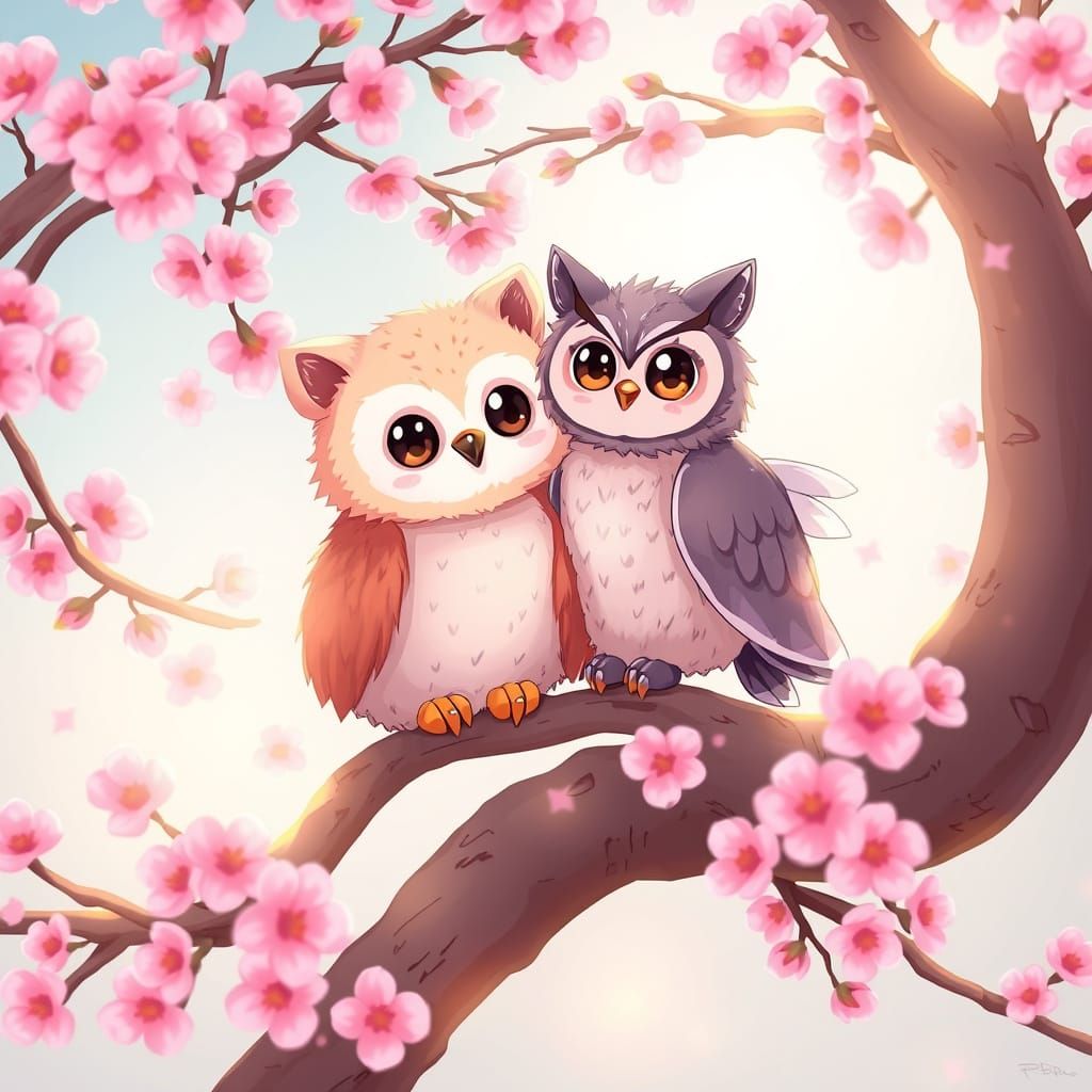 Kawaii Owlbear and Meowl Friendship on Cherry Blossom Tree