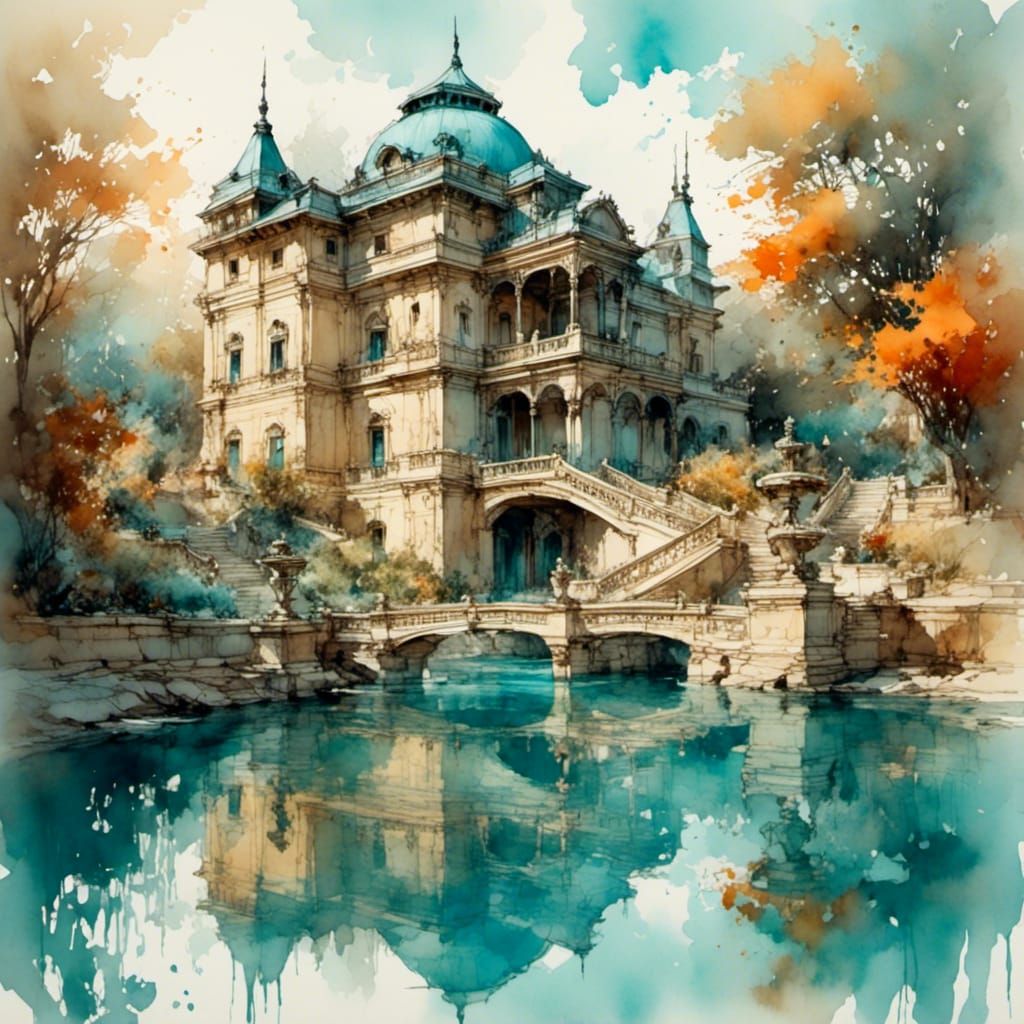 a garden of a sandstone palace and dome