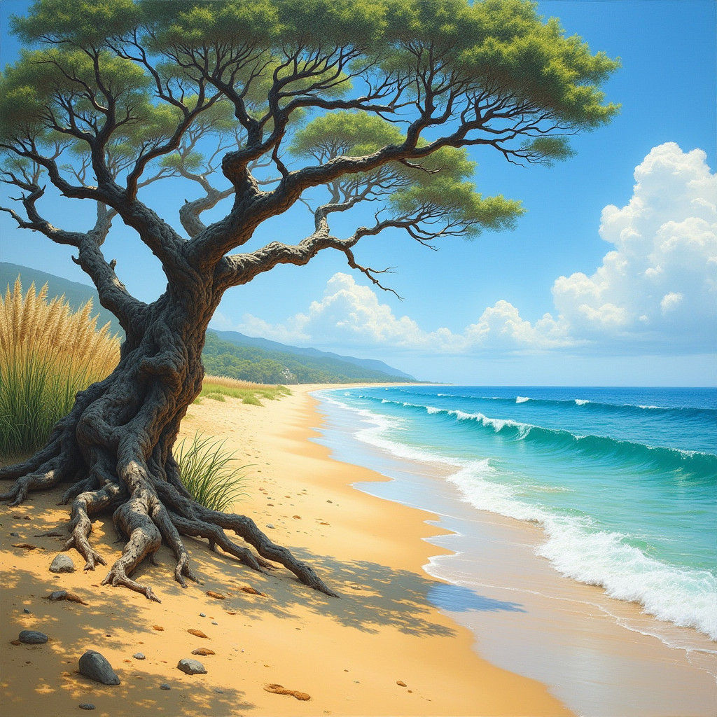 Sun-Drenched Beach with Impressionistic and Whimsical Elemen...