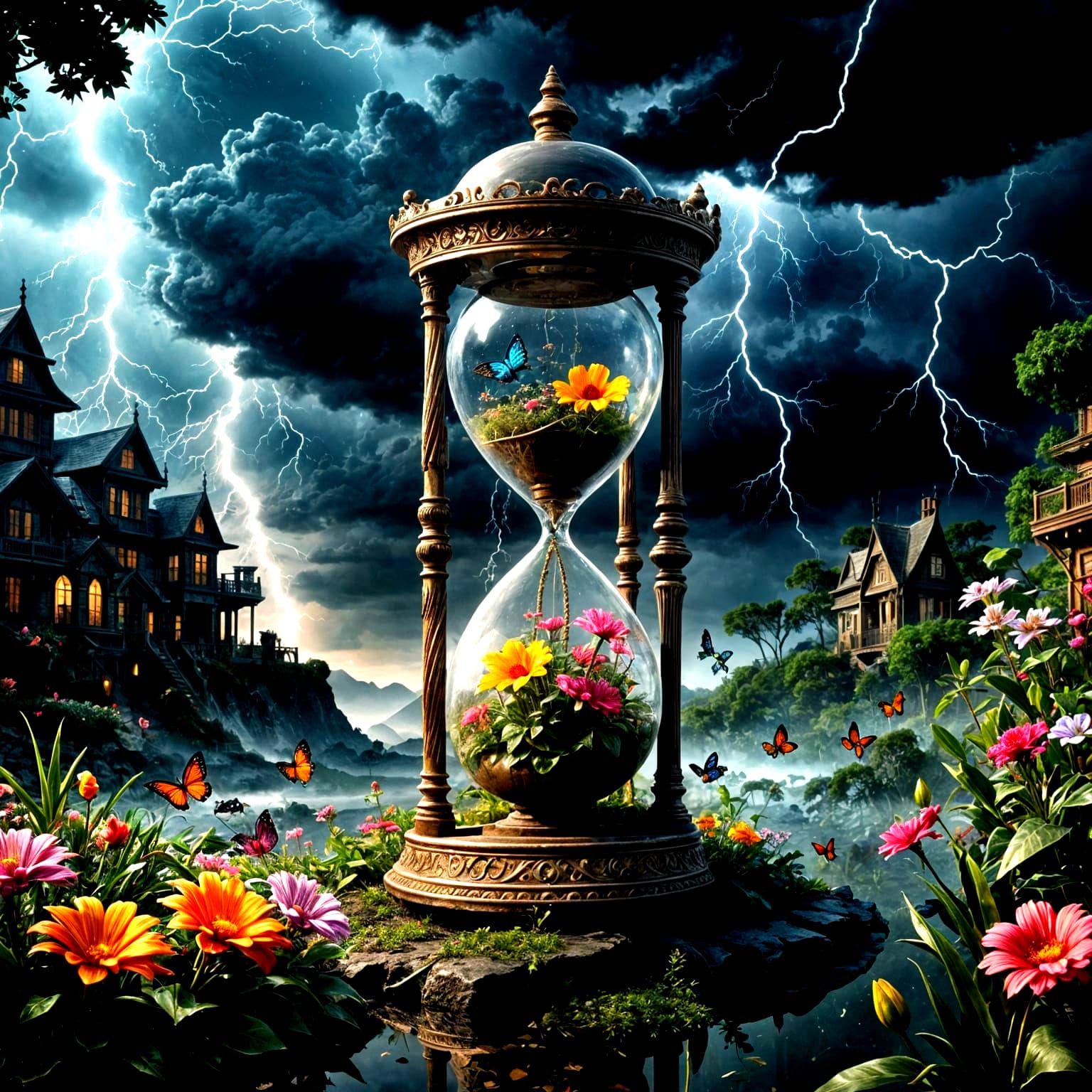 Ornate Vintage Hourglass in Stormy Sky With Enchanted World