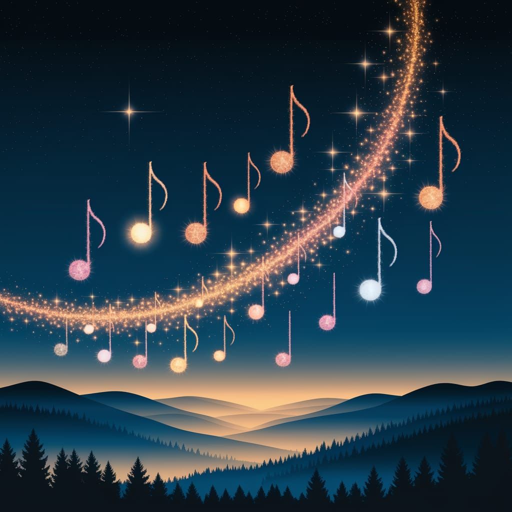 Golden Notes Drift in Midnight Blue Sky