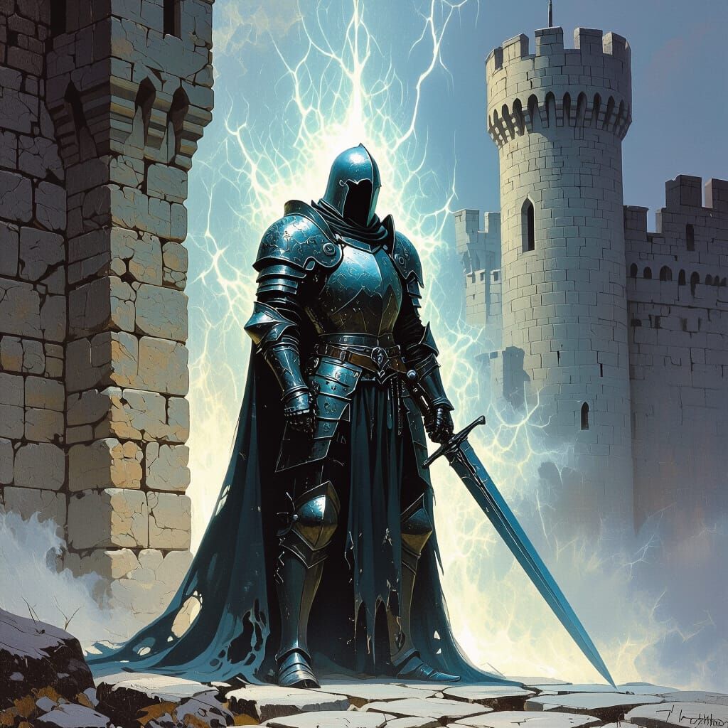 Spectral Knight Guards Castle in Ethereal Digital Landscape