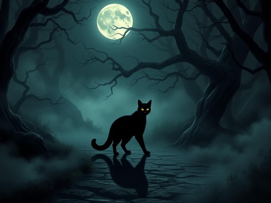 Black Cat Under Full Moon in Mystical Forest
