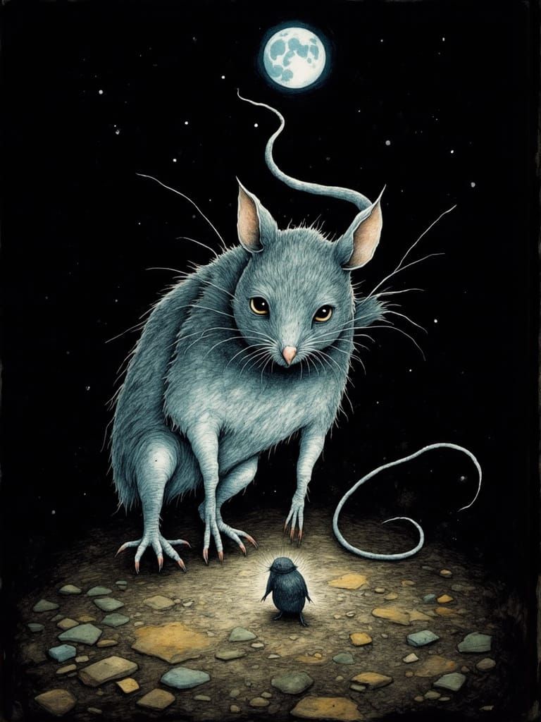 Terrified Mouse Faces Diving Owl in Macabre Cityscape