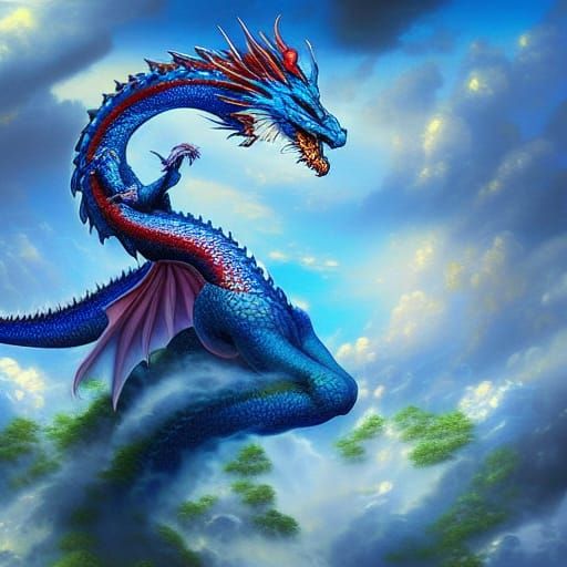 Woman Riding a Blue Dragon in Hyper-Realistic Style