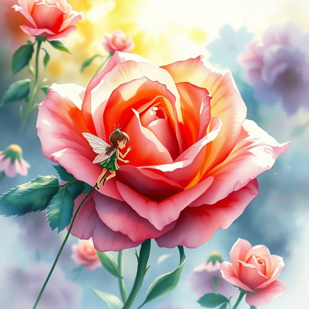 Rose Fairy Sipping Nectar in Watercolor Garden