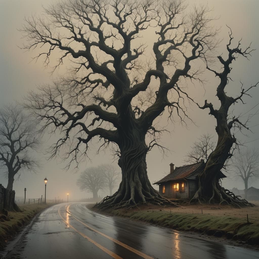 Eerie Fog Shrouds House Near Winding Road