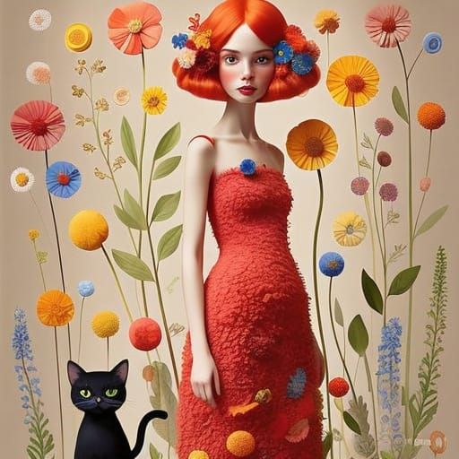 Surreal Whimsy: A Stylish Woman and Her Feline Companion in ...