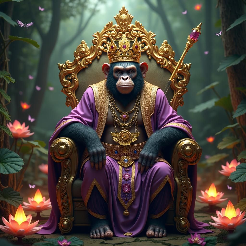 Regal Ape King on Jungle Throne in Fantasy Art