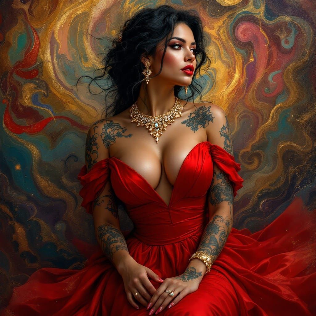 Surrealist Princess in Fiery Red Evening Gown