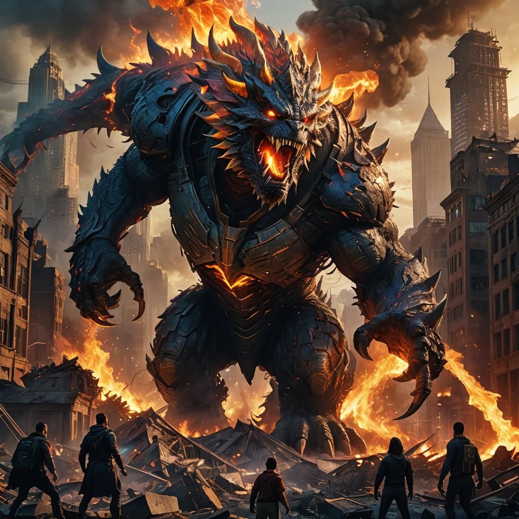 Superhero Versus Fire Monster in Ruined Cityscape