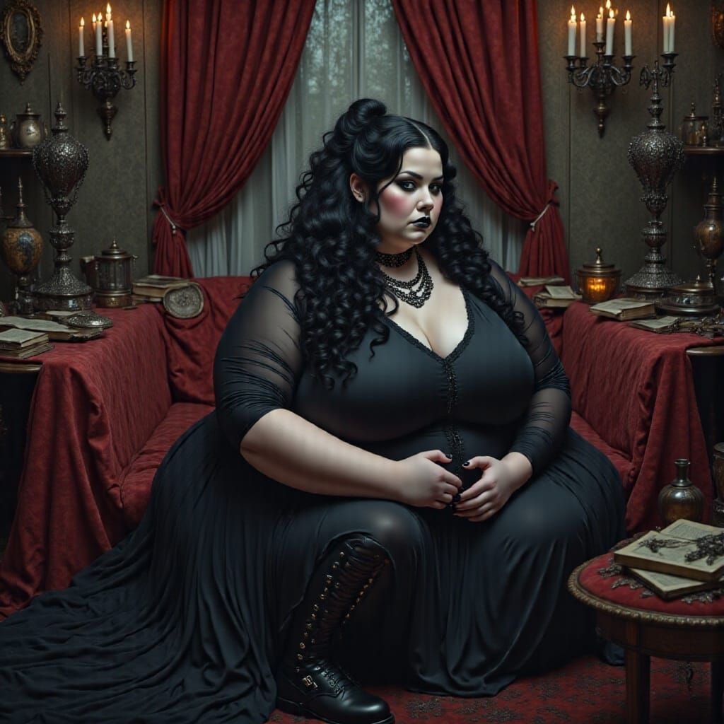 Gothic Woman in Dark Velvet Room, Mystical Realism