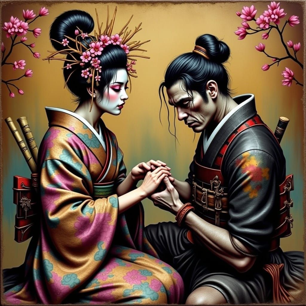 Serene Geisha Tends Wounded Samurai in Cherry Blossom Haven
