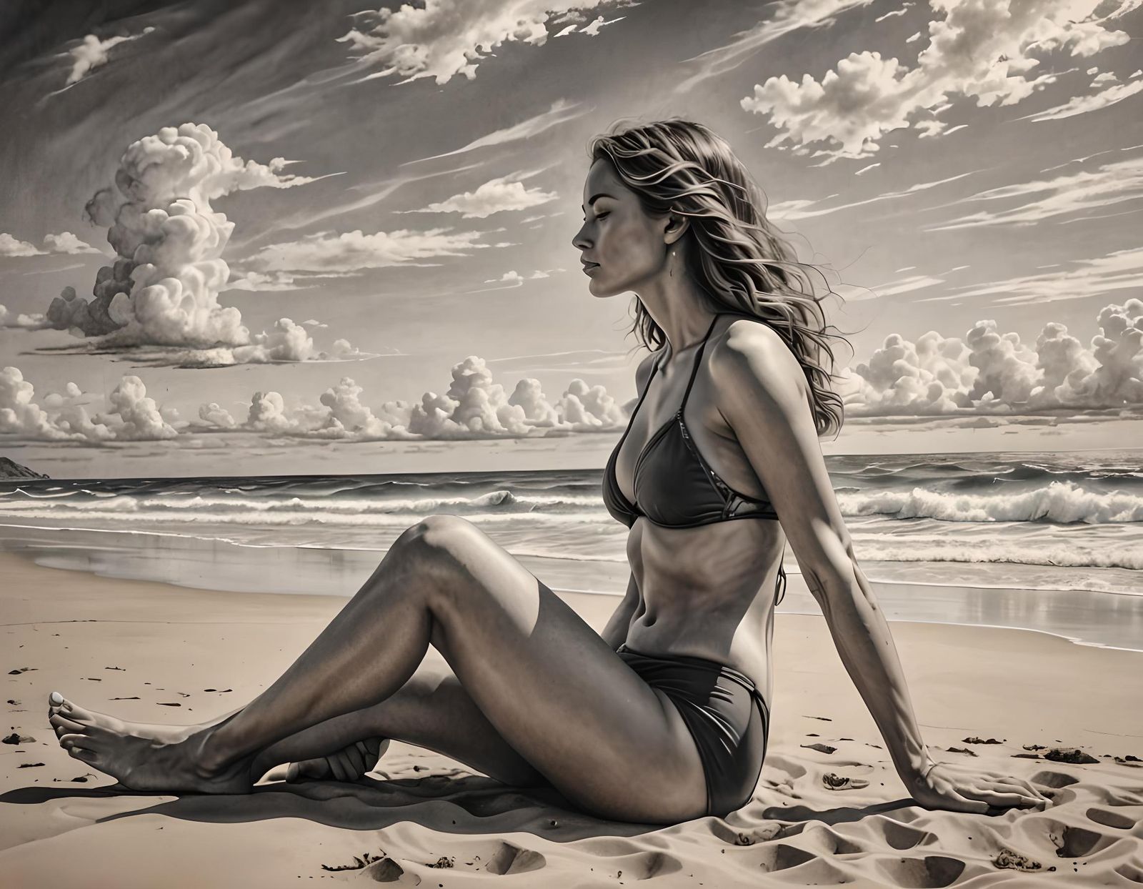 Dreamy Beach Scene in Charcoal Drawing Style