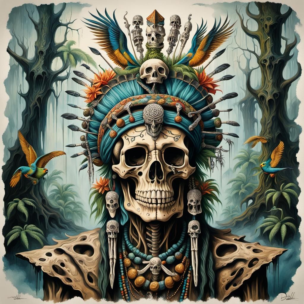 Tribal Shaman Skeleton Conjuring Spirits in Rainforest