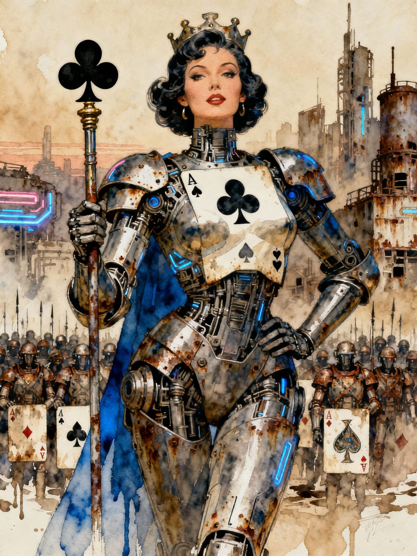 Cyberpunk Queen of Clubs Pinup in Watercolor