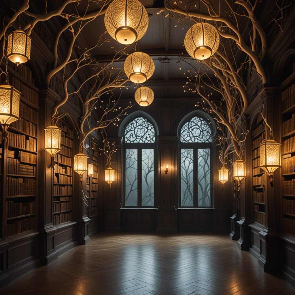 Retrofuturistic Library with Seedpods and Scrolls
