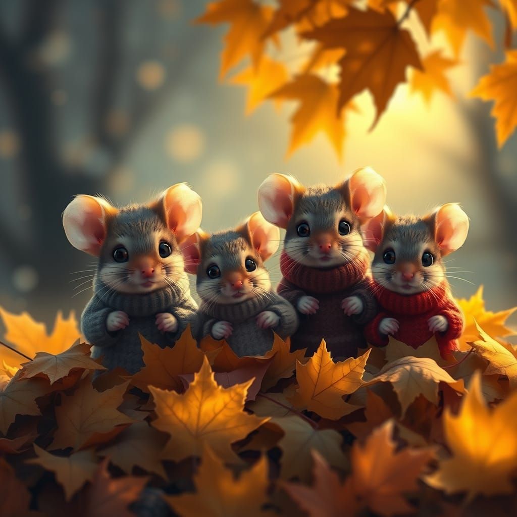 Moonlit Mice Family Peek Out from Autumn Leaves