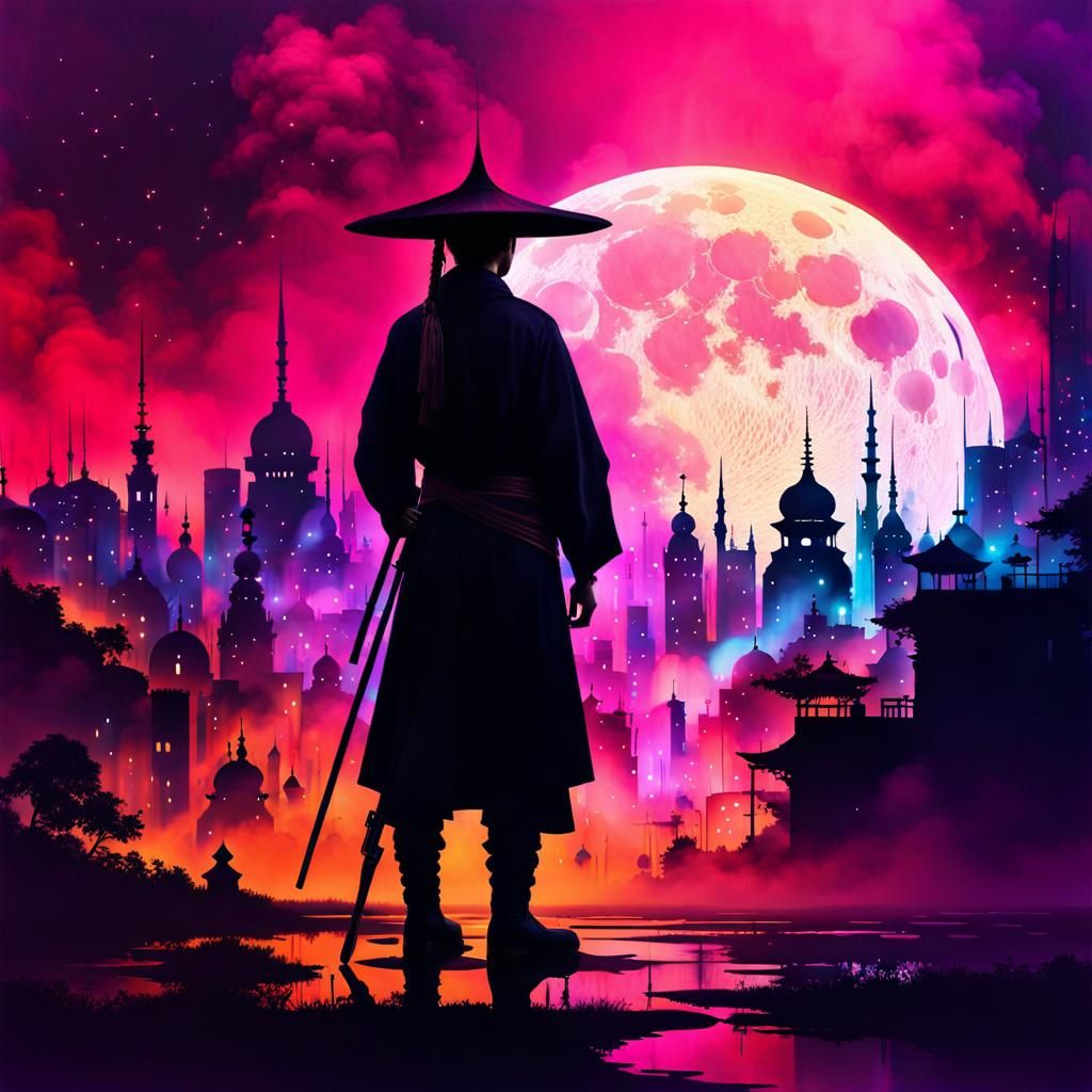 Noir Samurai Glitchcore Masterpiece in Cyberpunk Style