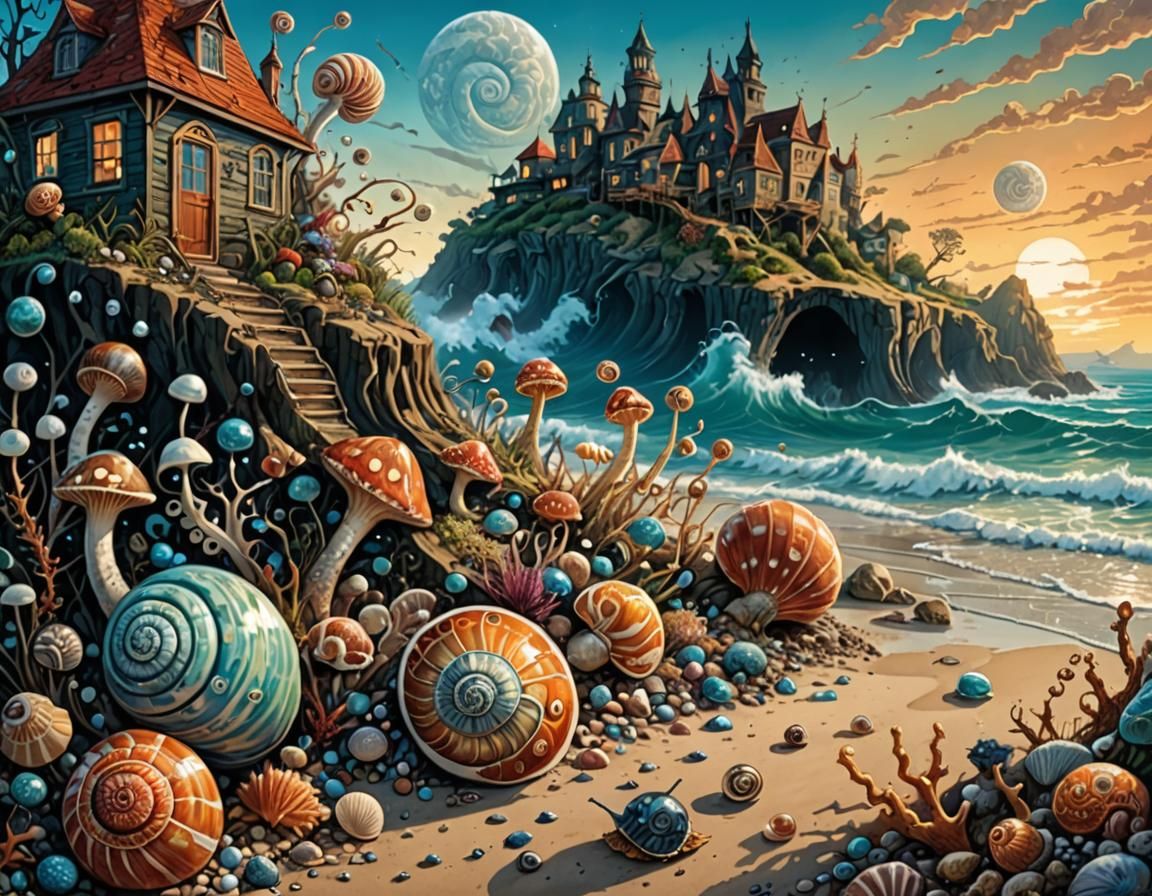 Surreal Shoreline Landscape with Exotic Sea Creatures