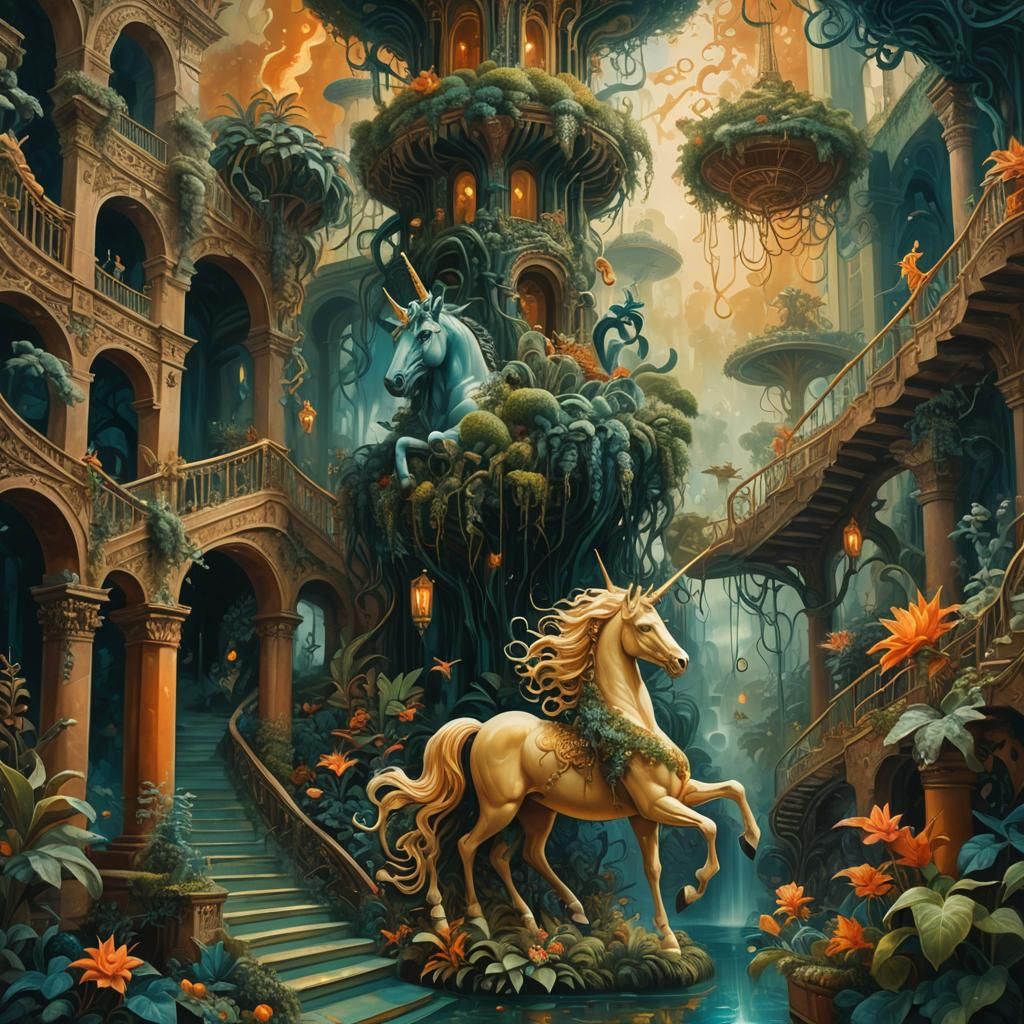 Medusa on Unicorn in Surreal Hanging Gardens