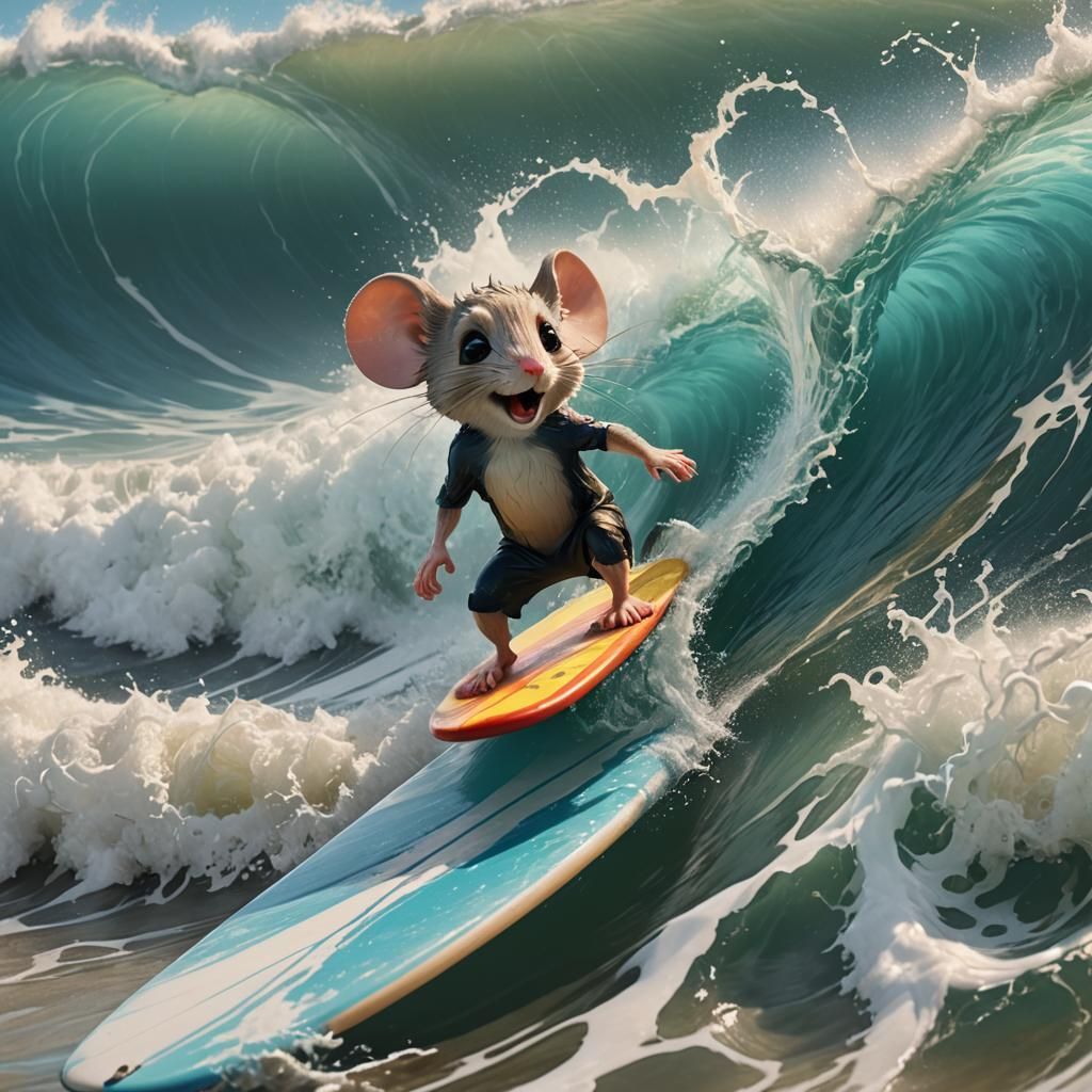 Ocean Wave with Surfing Mouse: Hyperrealistic 3D Art