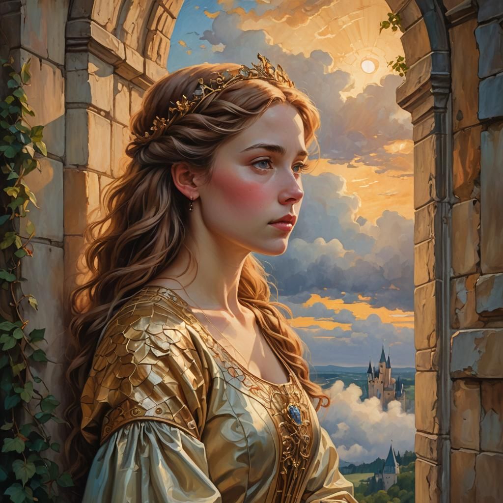 Forlorn Princess Gazing from Castle Window as Oil Painting