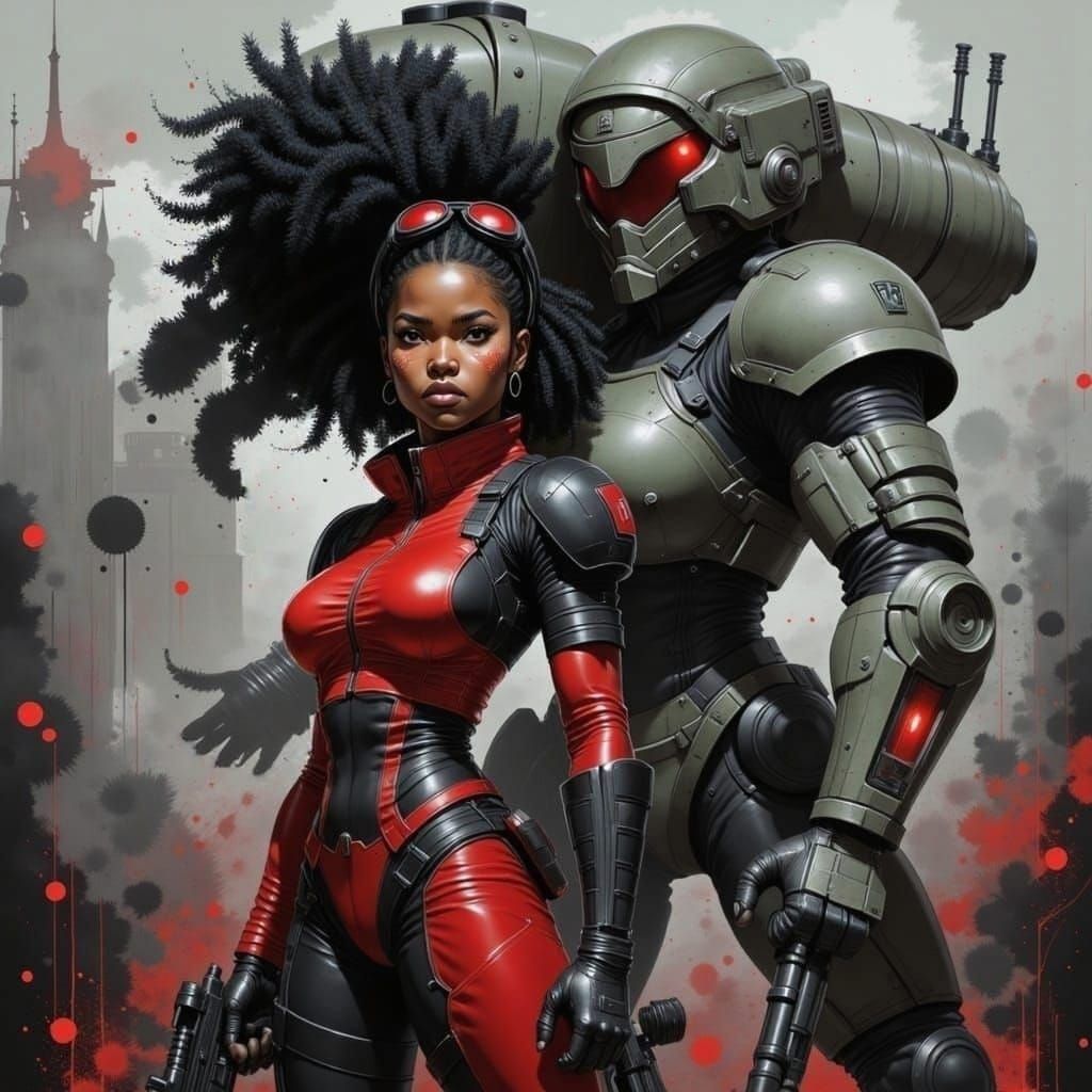 Girl Soldier with Robot in Cyberpunk Style