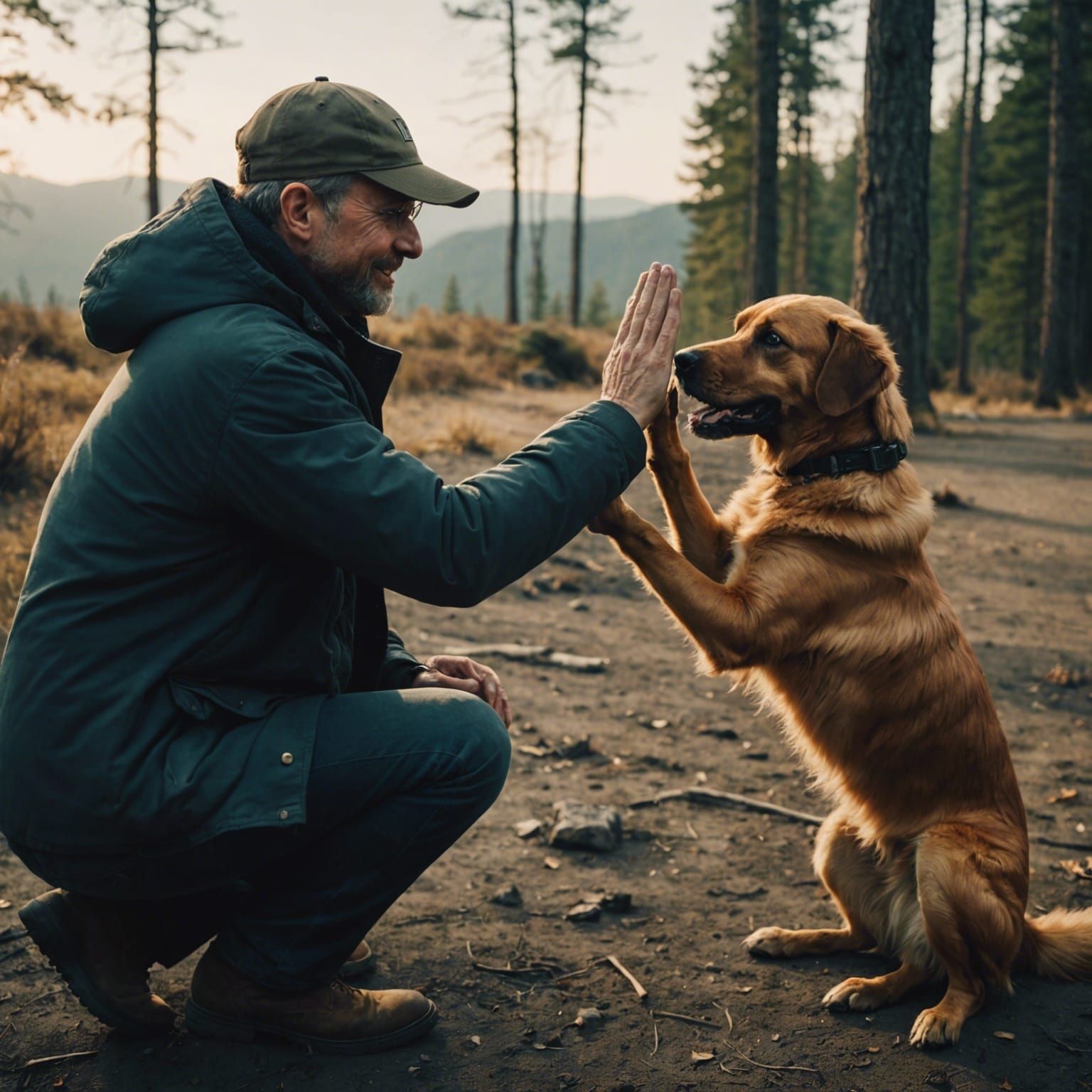 man giving dog a high five
