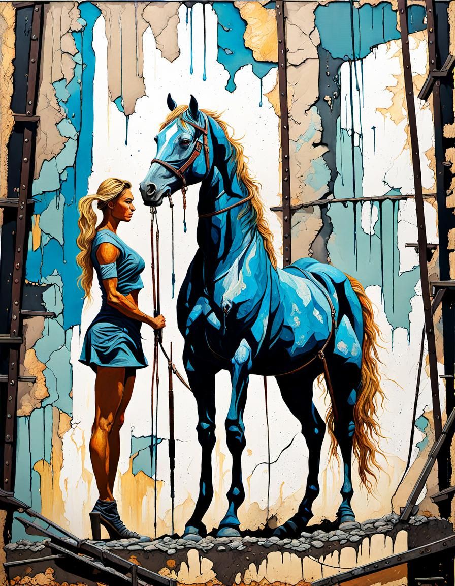 oil painting and mixed-media, a proud heroic horse posing in the foreground of sunny day in the textured Post Industrial...