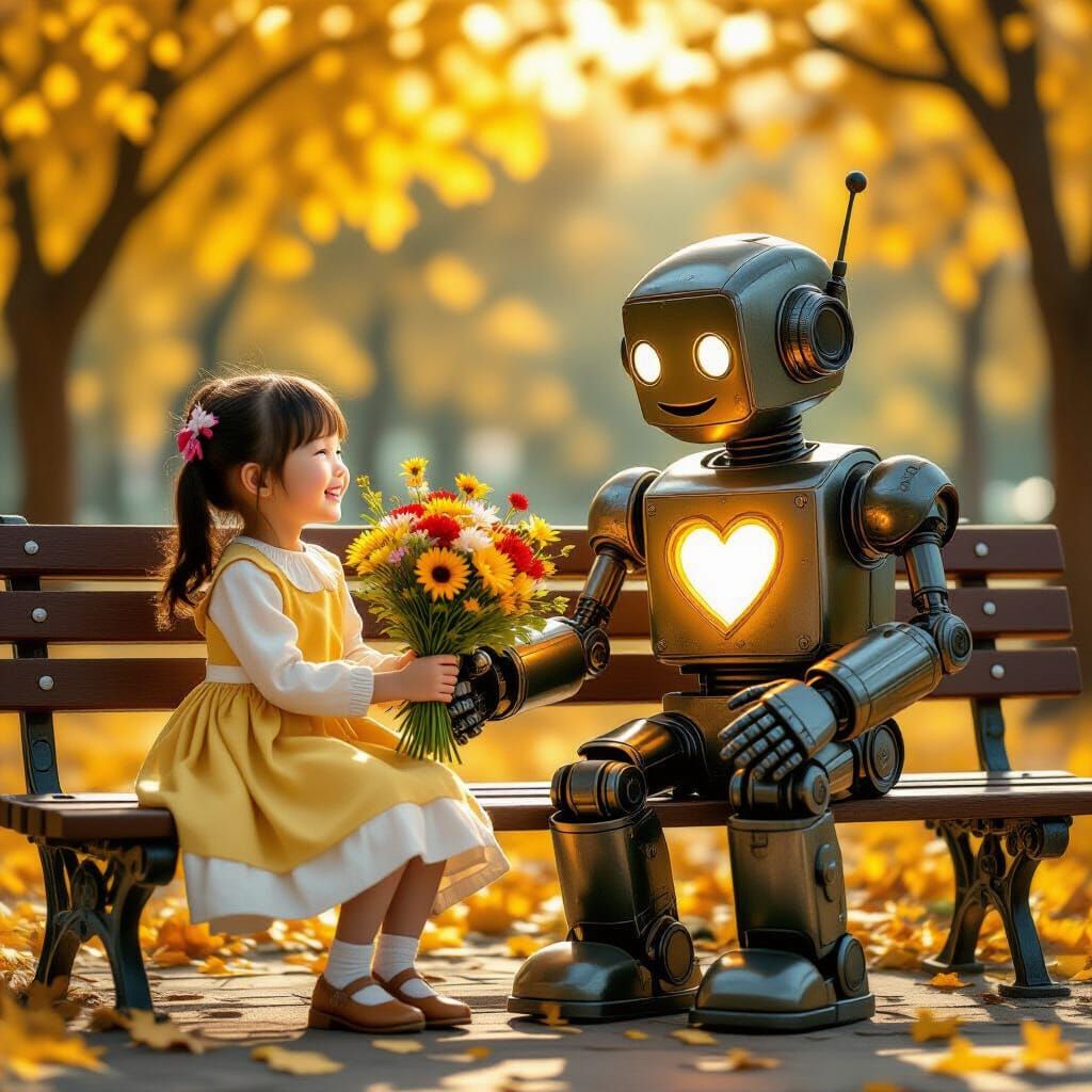 Girl Gives Flowers to Kind Robot in Golden Autumn Light