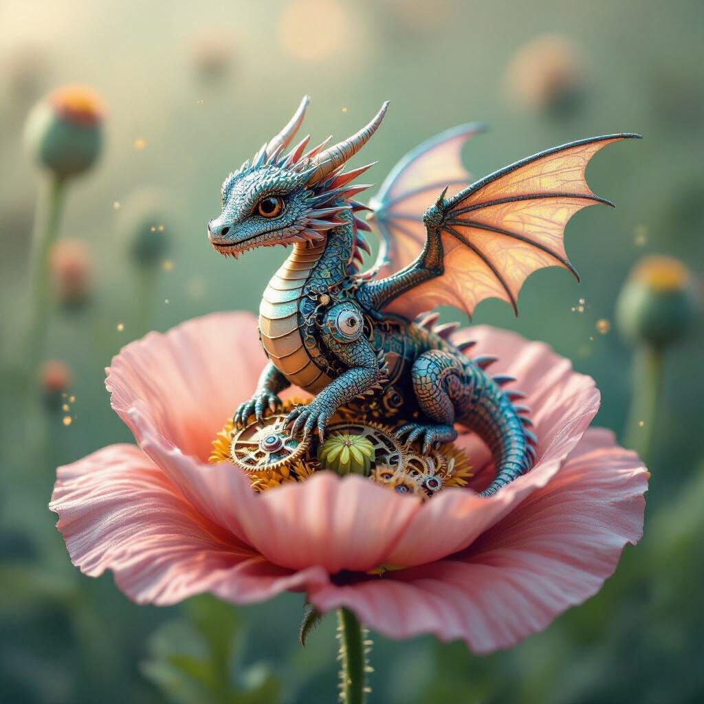 Clockwork Dragon on Poppy in Ornate Illustration Style