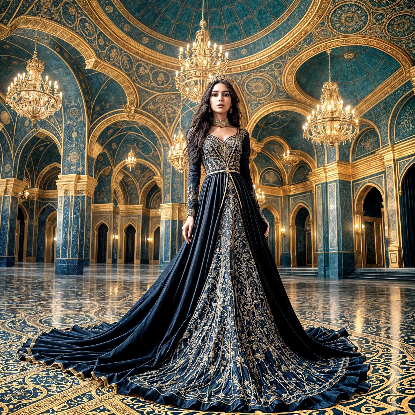 Arab Woman in Silk Gown in Grand Ballroom