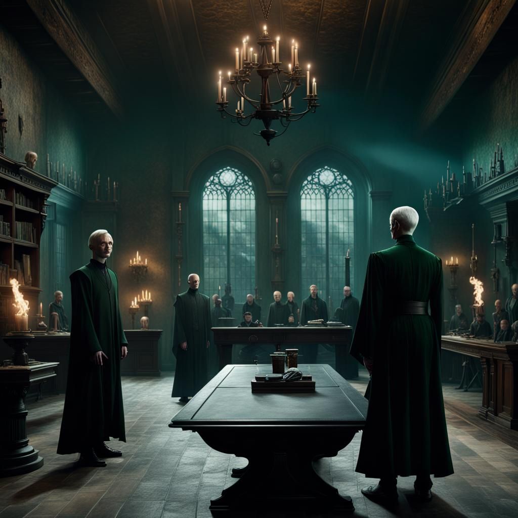 Draco Malfoy joins the Death Eaters in the Slytherin common room as Lord Voldemort looks on