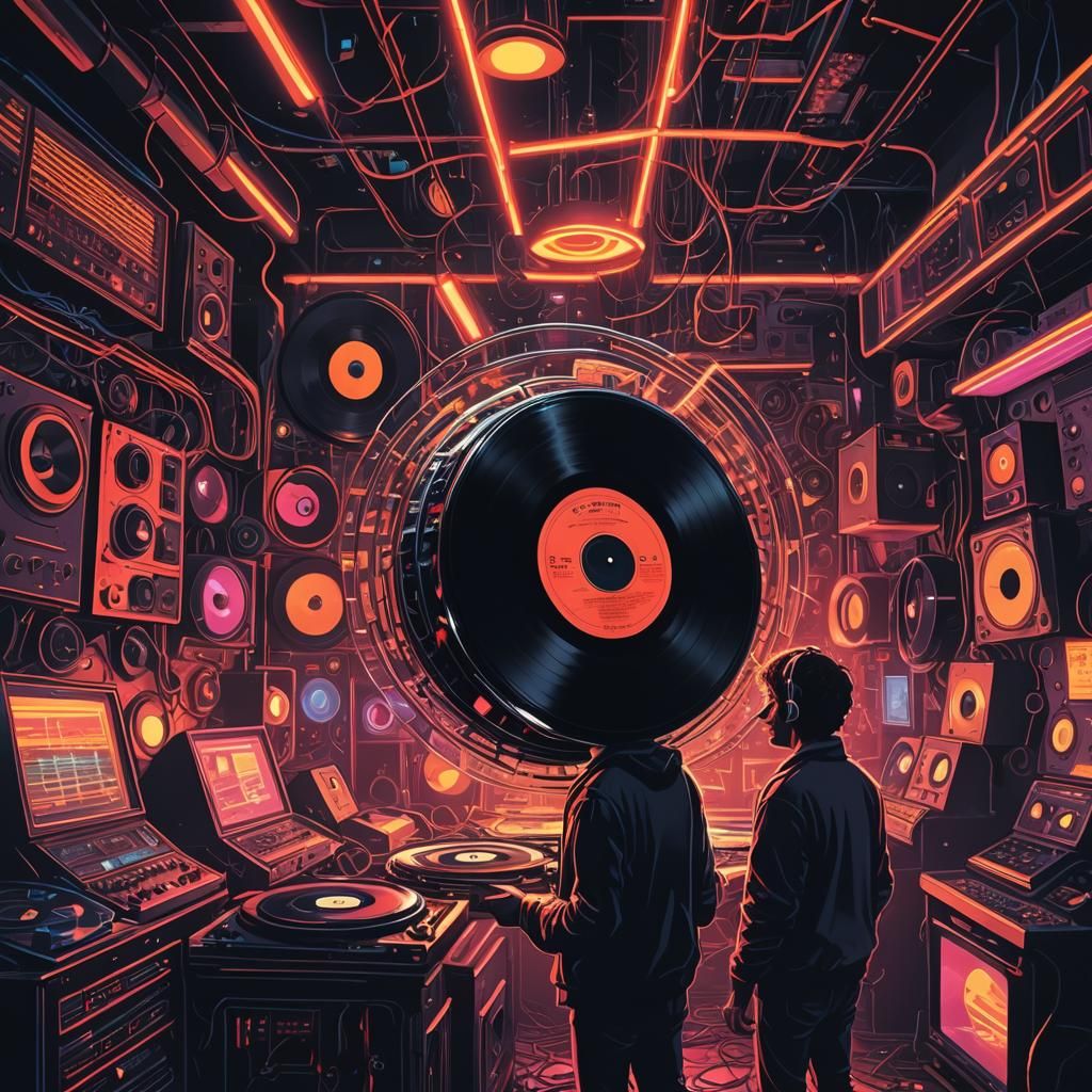 Vinyl Record Art in Dimly Lit 80s Studio