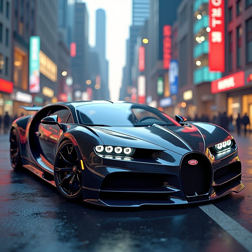 Sleek Bugatti Sports Car in Futuristic Cityscape