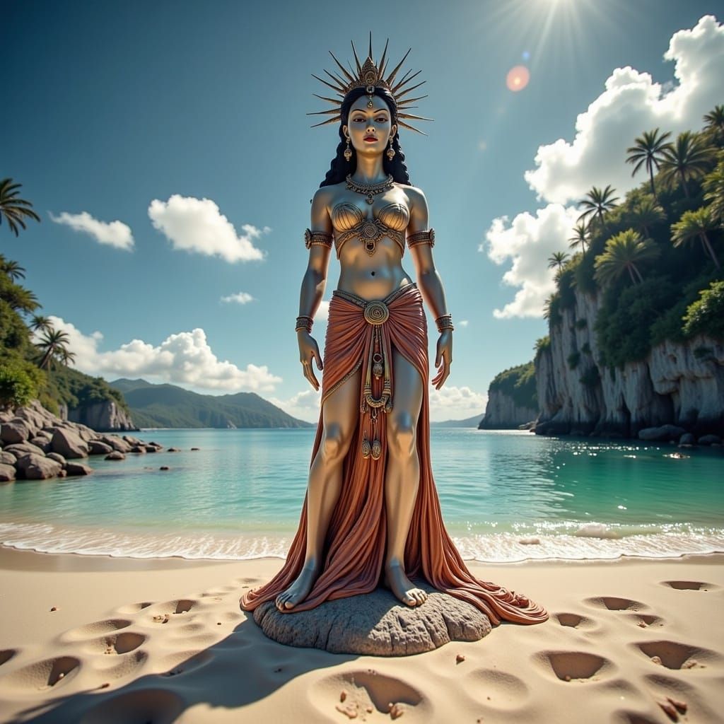 Goddess Statue on Tropical Island Beach