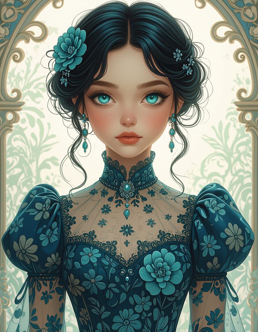 Rag Doll with Teal Dress: Detailed Digital Illustration