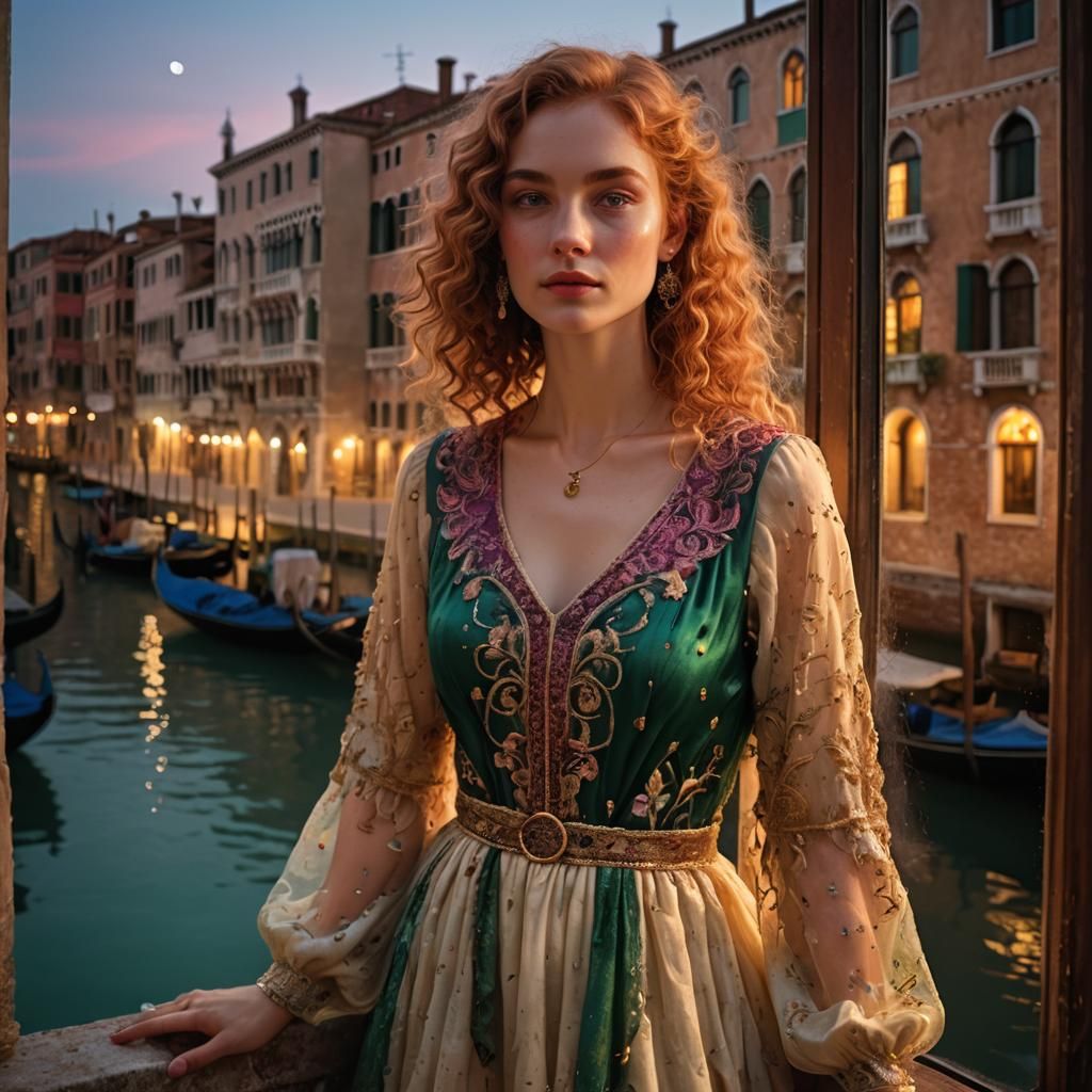 Romantic Woman Overlooks Moonlit Canals of Venice