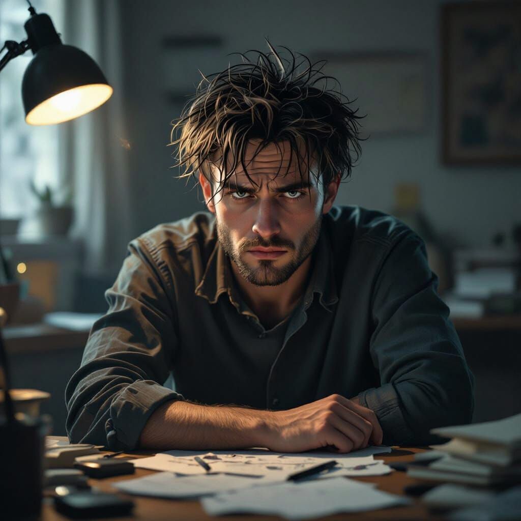 Tired Person at Cluttered Desk in Cinematic Realism