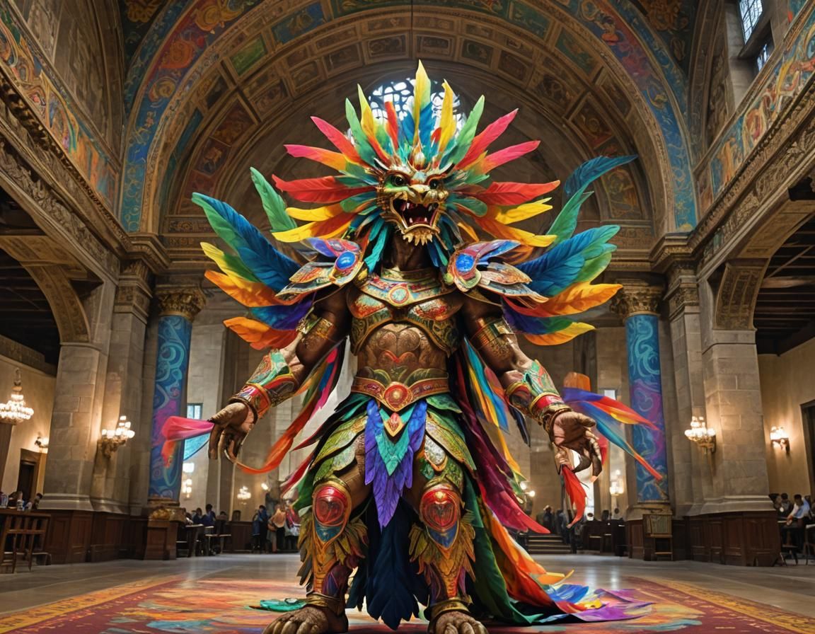 Quetzalcoatl in Rainbow Damask Fabrics