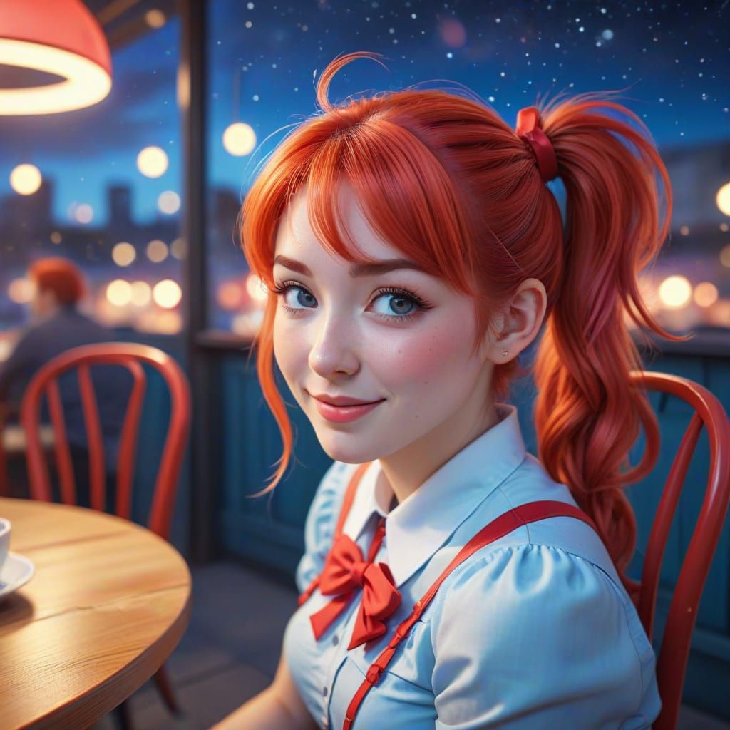 Anime Woman Sits in a Vibrant Cafe Scene